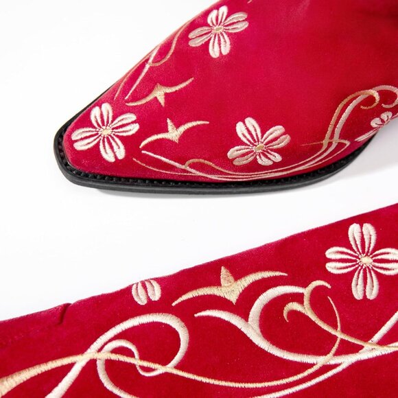 ⚡Women's Red Suede Knee High Boots Embroidered Pointed Toe Chunky Heel - Picture 3 of 8